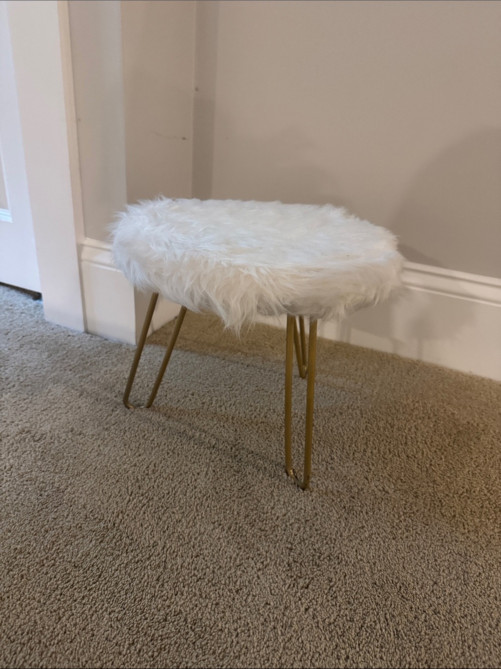 White Faux Fur Accent Stool with Gold Legs - Home Accents